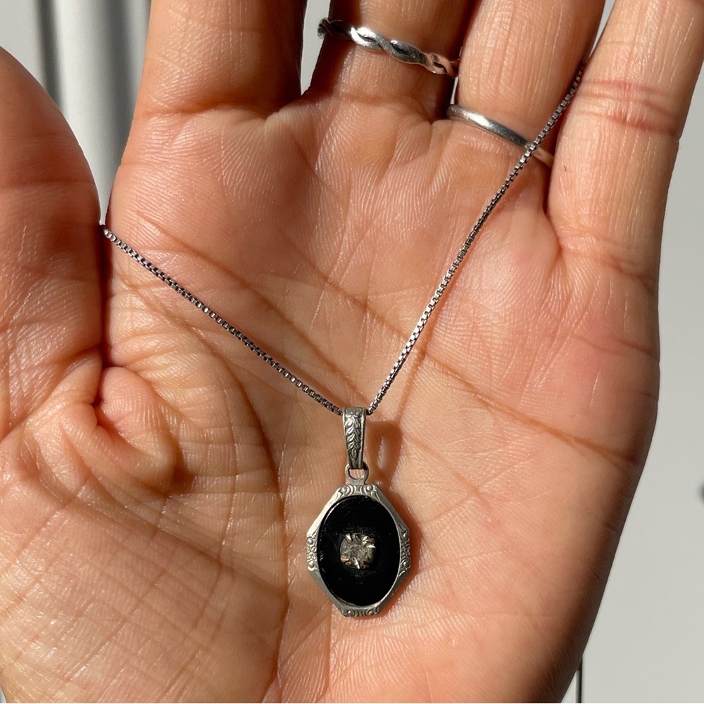 Victorian onyx octagon paste glass sterling silver box chain necklace